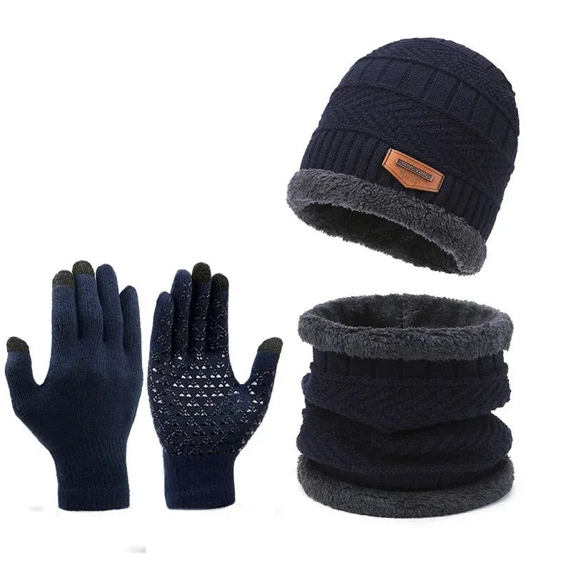 3 PCS Set Men's Windproof Cashmere Hat, Outdoor Running Hiking Travel Winter Scarf, Touch Screen Gloves, Neckline, One Plus Cashmere Insulated knit Hat Winter Sports Apparel Accessories Sets