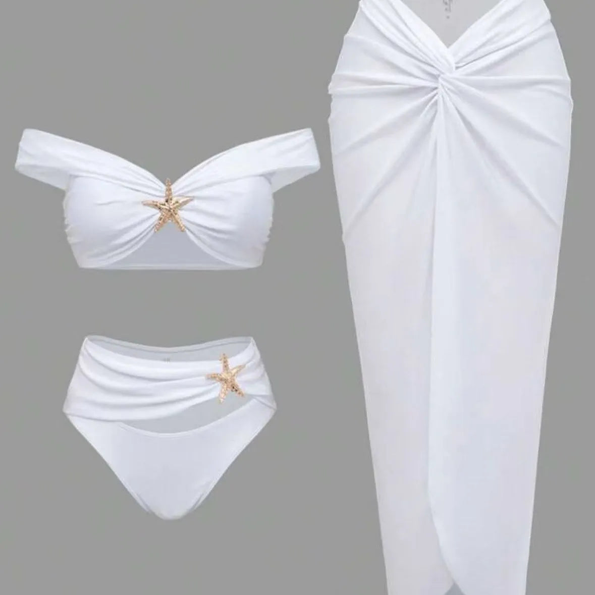 New 3PCS Set Black/White Color European and American Starfish Split Swimsuit Long Skirt Bikini Suit