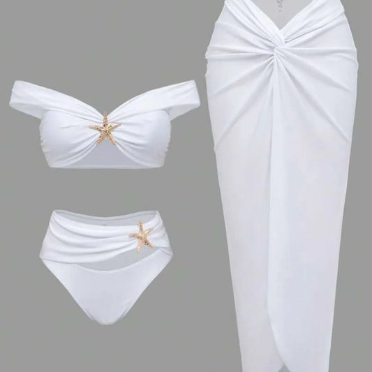 New 3PCS Set Black/White Color European and American Starfish Split Swimsuit Long Skirt Bikini Suit