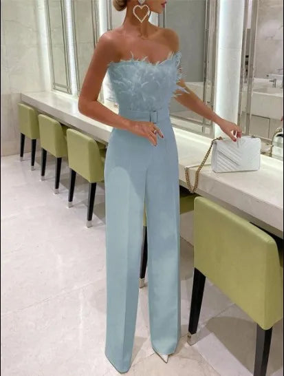 NEW Arrivals Luxury Women Female Elegant Long Jumpsuit Strapless Slash Neck Feather Tube Top Sexy Summer Evening Business Dinner Autumn Night Clubwear Party Girls Ladies Luxury Fashion Clothing Supplies