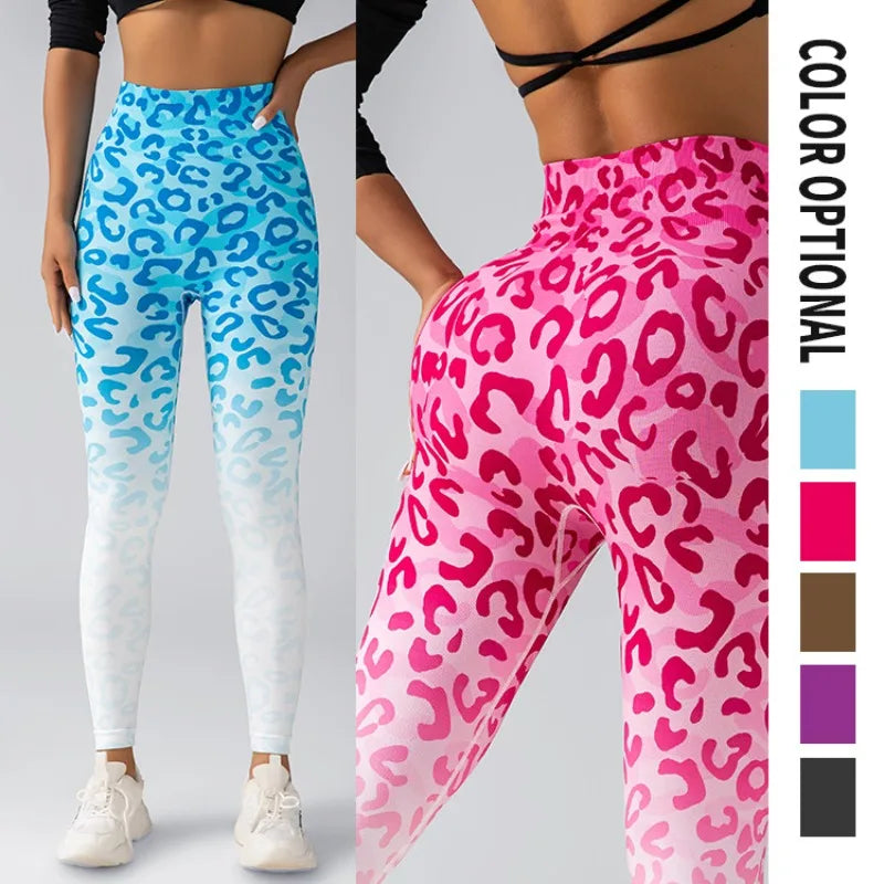 Digital Printed Fitness Pants with Leopard Print Yoga Pants Seamless High Waisted Gradient Sports Yoga Pants for Women Fitness