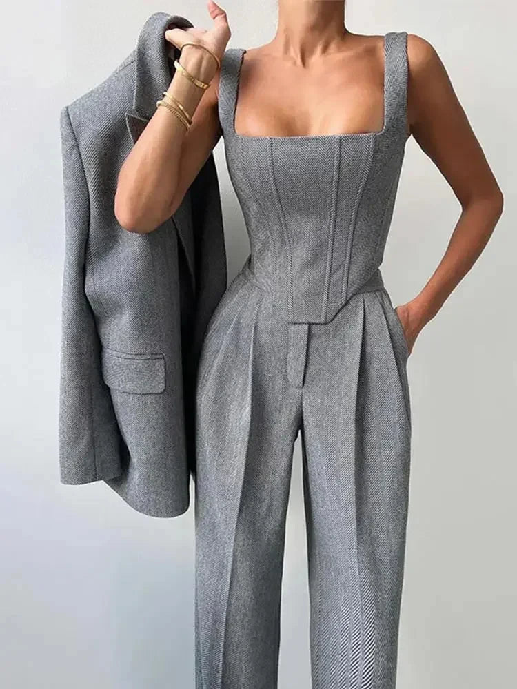 NEW Arrivals 3PCS Set UK Size Gray/Pink Color Luxury Women Top Blazer Pants Solid One Button Jacket Crop Tops High Waist Pocket Pant Evening Party Business Dinner Suit Office Lady Set