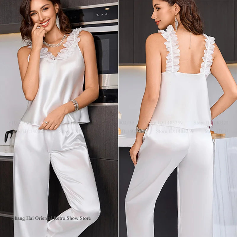 NEW 3PCS Set S-XL 6 Colors Ice Silk Luxury Spring Autumn New Female Honeymoon Pajamas Sleepwear Sexy Lace Long Bath Robe Kimono Gown Home Wear Loose Satin Loungewear