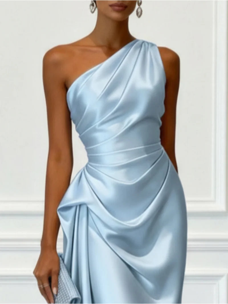 S-2XL UK Size One Shoulder Luxury Satin Midi Dress With Ruched Waist Elegant Sleeveless Evening Wedding Guest Business Party Formal Gown Ladies Outfits.