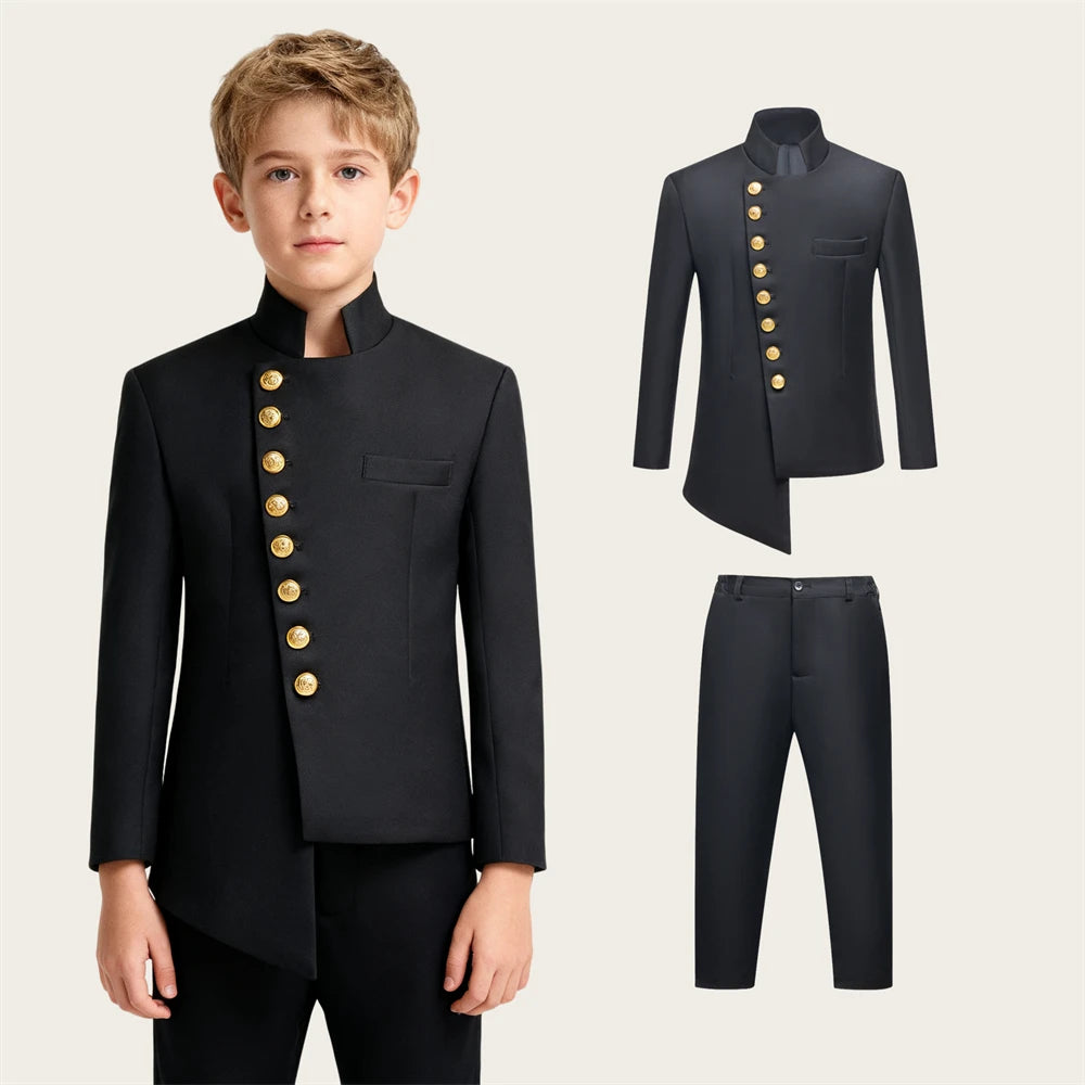 2 PCS Set 3Y-14Y Children Kids' Suit Set: Royal Blue/Black/White Color  Jacket with Gold Buttons & Pants, Wedding Guest Evening Birthday Party Formal Outfit for Boys