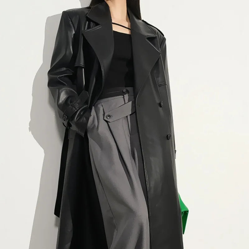 NEW Arrivals Ruffled and Handsome Leather Jacket for Women's Spring and Autumn Casual Retro Shoulder Windbreaker Coat Evening Party Office Lady Long Coats Female Luxury Fashion Clothing Supplies