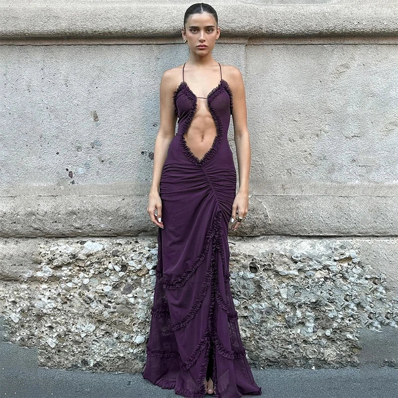 Women Noble Furry Halter Sleeveless Hollow Dress Camisole Shrunk Split Wave Cut Dress Luxury Prom Occasion Evening Gown