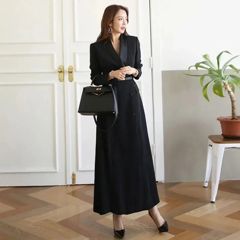 NEW Arrivals Italian Women Autumn Black Coat Double Breasted Notched Long Trench Female New Fashion Winter High Waist Outwears Slim Solid Windbreaker Office Lady Luxury Fashion Clothing Supplies