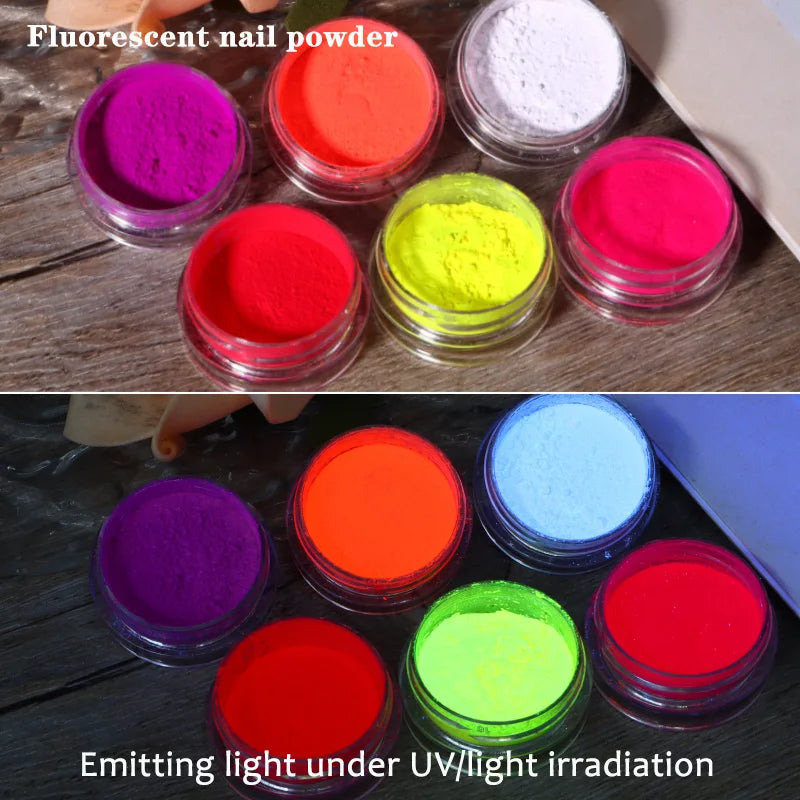 6PCS/SET Luminous Nail Glitter Powder Glow In The Dark Green Orange Neon Pigment Dust Fluorescence Luminescent Manicure Decor