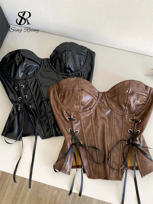Black/Brown Color  Strapless Lace Up Vintage Camisole Fashion Women Sleeveless Solid Corset Top Streetwear PU Leather Backless Tank Top