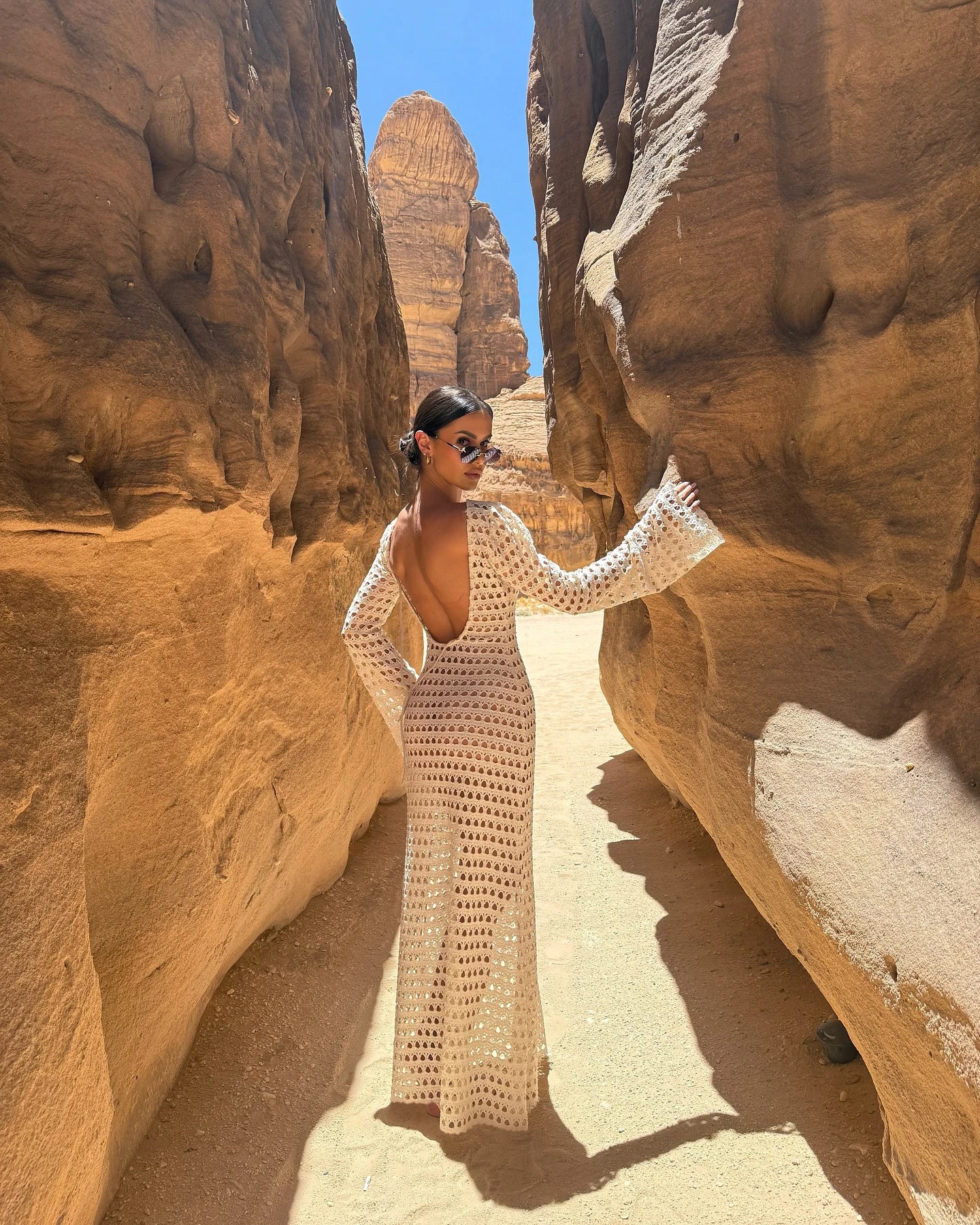 NEW Sexy Handmade Beige Knit Mesh Backless Long Bell Sleeve Beach Maxi Dress Women's Summer Slim Outfits Vacation Swimsuit Cover Up Tunic K205