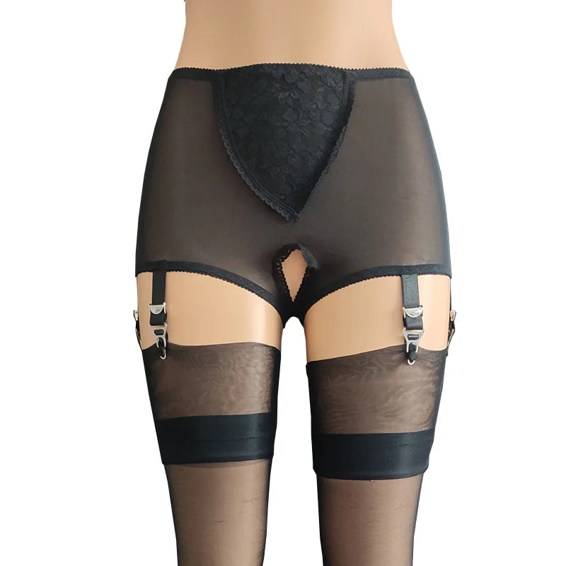 S-3XL Plus Size White/Black/Red Color Front/Back Open Crotch Panty Garter Belt for Stockings Lace Embroidery Sexy Mesh Suspenders Curvy Women Crotchless Garters Exotic Lingerie