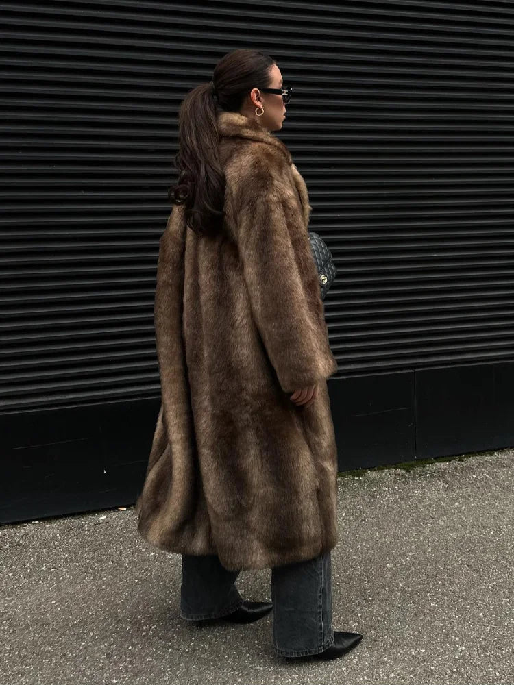 NEW HOT SALE Italian Style Luxury Women Ladies Dark Brown Faux Fur Long Overcoat Snow Clothes Supplies  Lapel Single Breasted Loose Fluffy Plush Warm Coat Winter Thicken Outerwear Female Luxury Fashion Clothing Products