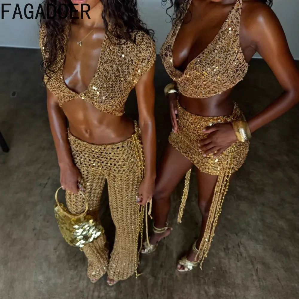 2 PCS Set S-XL UK Size Sexy Hollow-Out Sequin Woman Solid Deep V-Neck Crop Top and Tassel Pants Female Evening Beach Party Night Clubwear Prom Luxury Suit