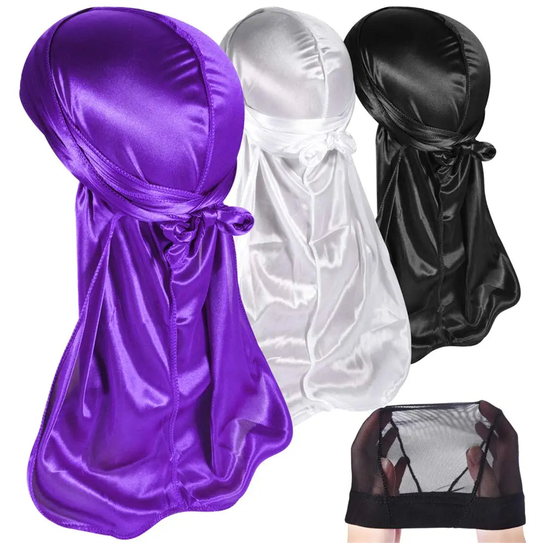3 PCS Ice Silk Set Women Men Silky Durag Headwraps Durag With Free Waves Cap Durags Pack with Long Tail and Wide Straps Bandanas