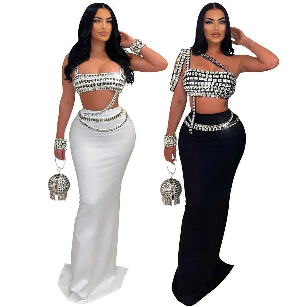 NEW Arrivals Women Girls 2PCS Set Diamonds Hot Rhinestones Strapless Top + Long Skirt Suit Dress Sets Two 2 Piece Set Party Club Night Outfits Female Ladies Luxury Fashion Clothing Supplies