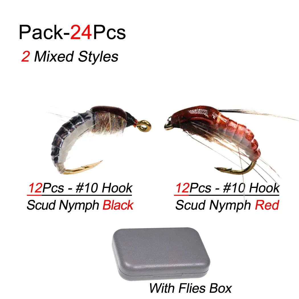 24 PCS Set/Box Nymph Scud Fly Fishing Flies Fly Insects Different Styles Salmon Trout Fly Fishing Lures River Sea Lakes Fishing Accessories
