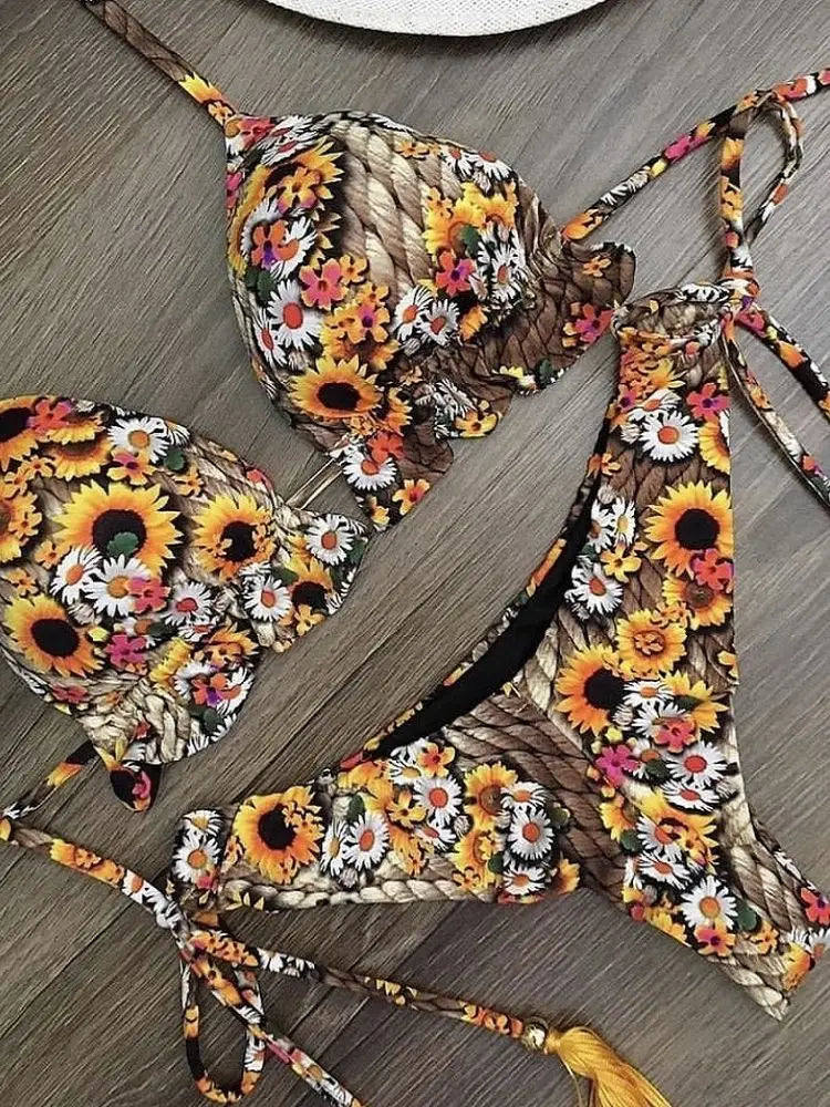 Sexy Micro Bikinis Set New Swimsuit Women Feather Print Bandage Swimwear Female Bathing Suit Brazilian Biquinis