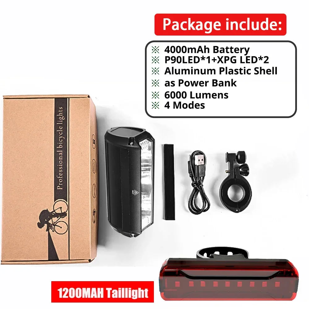 Full Set 8000mAh + Power Bank 10000LM Bicycle Light 500M Lighting Distance Front Bike Light Waterproof 8000mah 5*P90 Flashlight USB Charging MTB Road Cycling Lamp Accessories Sports Supplies