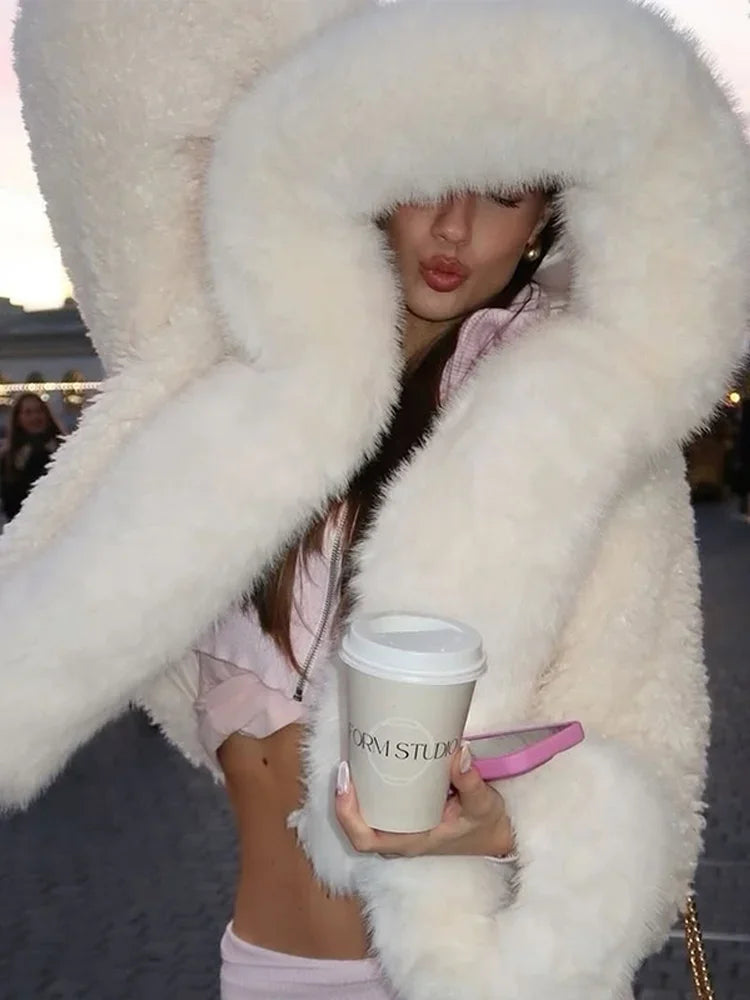 Black/White Color Winter Warm Fur Short Overcoat Women Solid Patchwork Full Sleeve Hooded Loose Thicken Coat Lady Daily Commute Winter Outwear