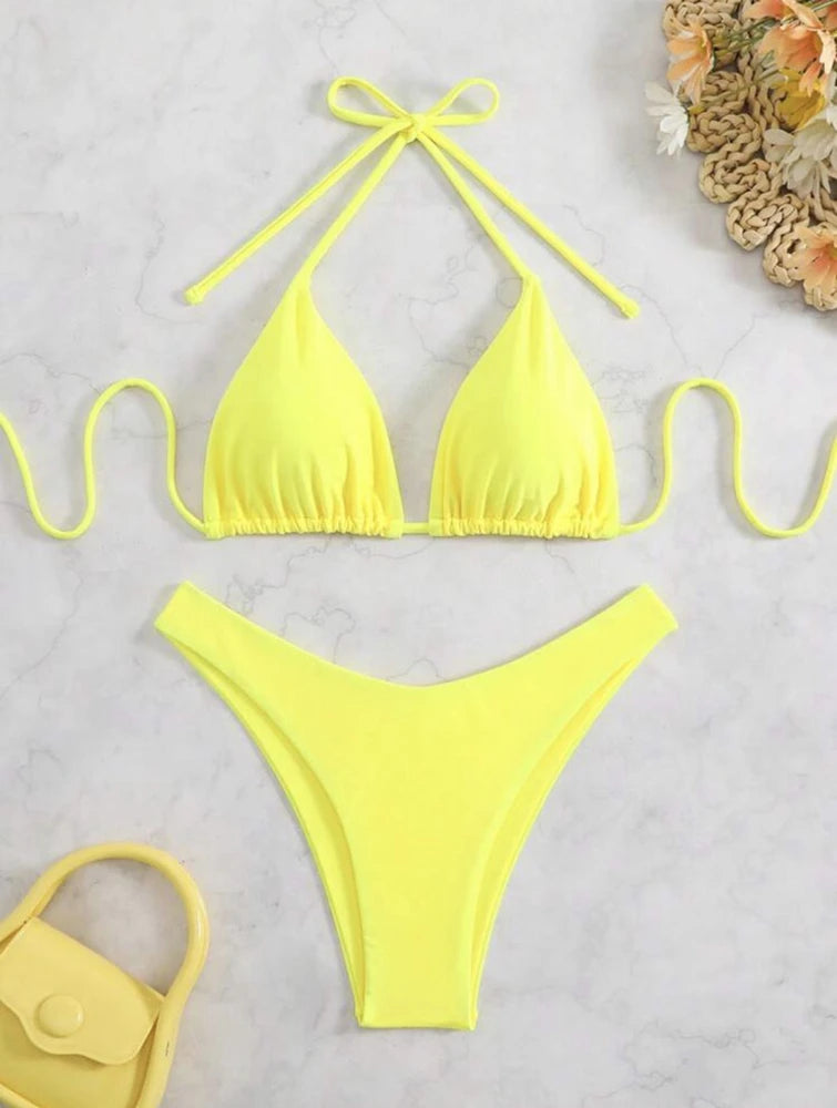 2 PCS Set UK 8-16 Size (S-XL)  8 Colors Women Thong Bikini Sexy Solid White/Black/Coffee Halter Swimsuit Lace Up Brazilian Bathing Suit New Double Fabric Beachwear