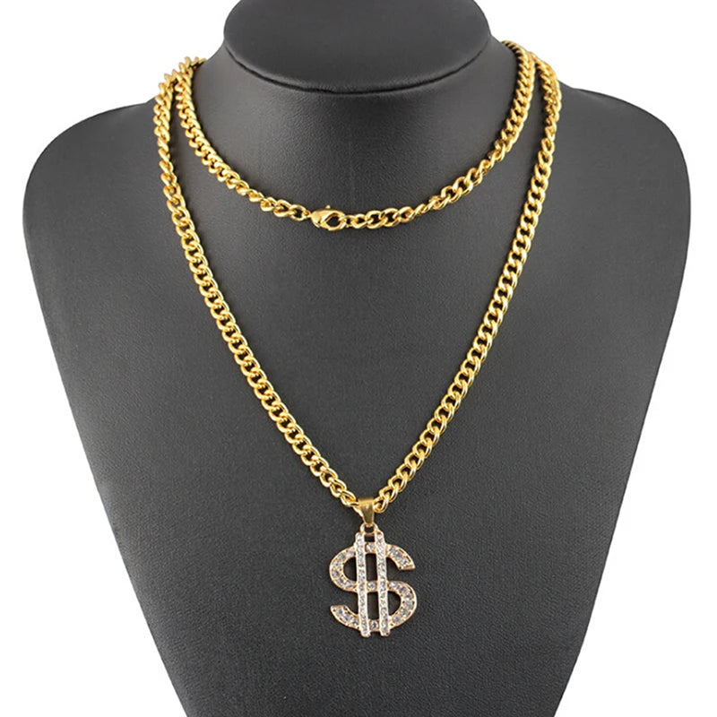 Rhinestones Luxury Jewelry Money Hip Hop Rap Gold Color US Dollar Pendant Necklace 70cm Chain For Women/Men Bling Jewelry Accessories
