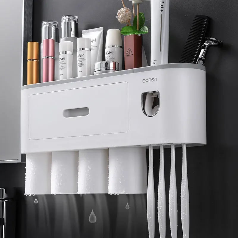 NEW Arrivals Wall-Mounted Magnetic Toothbrush Holder Automatic Toothpaste Dispenser Strong Adsorption Magnetic 5 Cups Bathroom Accessories Sets