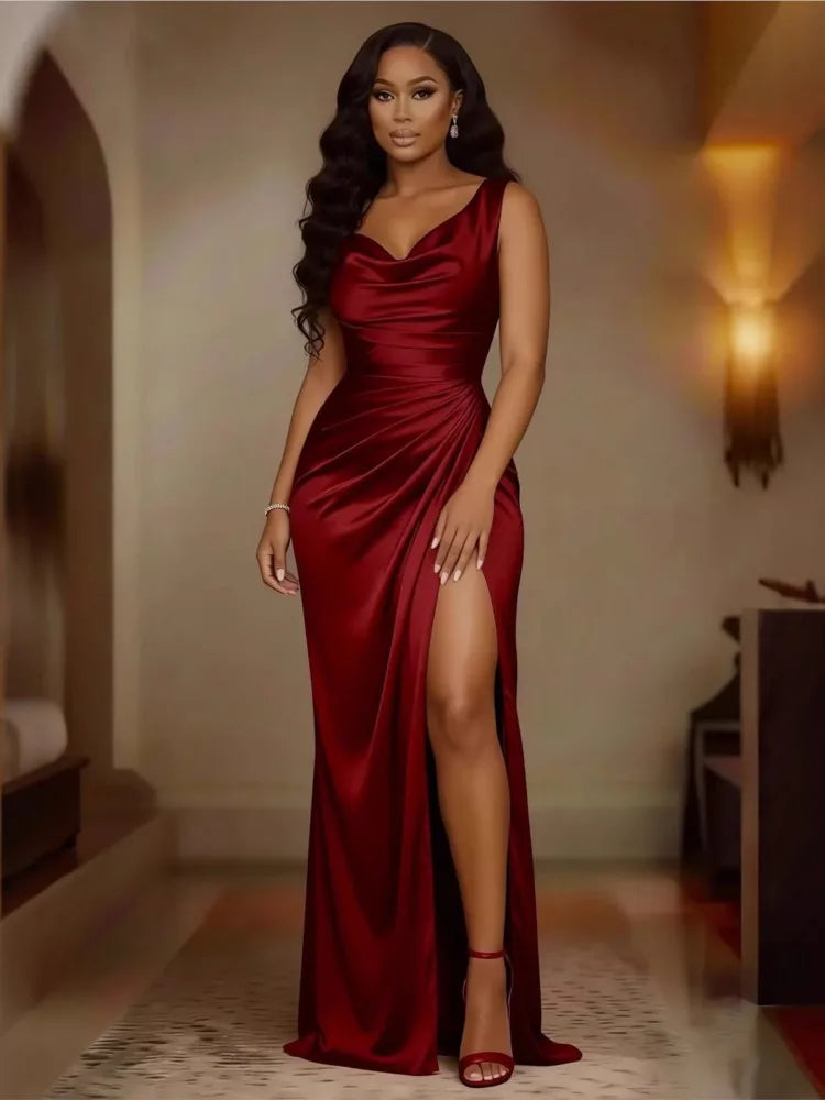 10 Colors S-3XL UK Plus Size Satin Luxury Elegant Women Solid Color Satin Sleeveless Long Dress Summer Sexy Backless High Waist Ruched Slim Fit Hight Split Evening Party Dresses