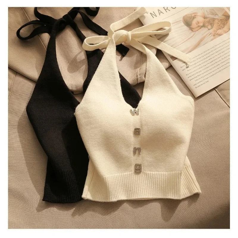 NEW Arrivals Women Short Vest Fashion V Neck Sleeveless Letter Summer Wear Tank Top Back Laced-Up Italian Fashion Style Cropped Clothing