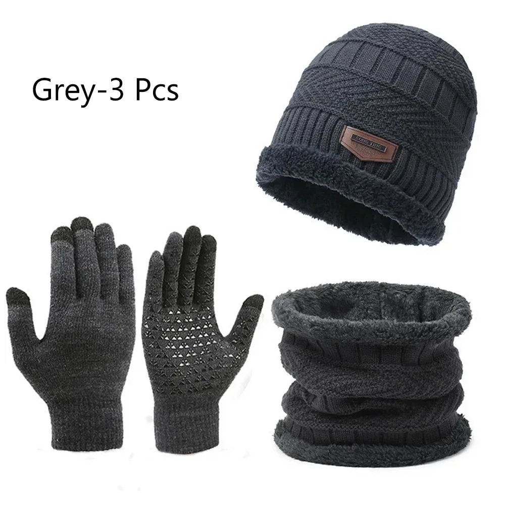 3 PCS Set Winter Fleece Thicken Windproof Hat Gloves Scarf Set Plush Warm Wool Knit Beanies for Men And Women