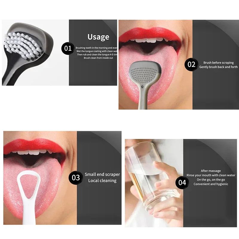 3 PCS Set Multifunctional Silicone Tongue Coating Cleaner Oral Cleaning Home Outdoor Travel Tongue Brush Reusable Three-Effect Tongue Scraper Oral Cleaning Hygiene Safe Soft Reassuring Tool