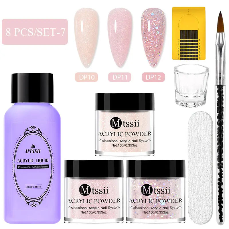 8pcs Nail Acrylic Powder Liquid Set Clear Nude Pink Monomer Liquid Set With Nail Brush For Nails Extension Carving Flower DIY Women Beauty Salon Spa Accessories Nail Care Tools Set