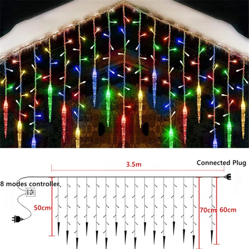 Christmas LED Icicle Fairy Lights with 16 Drops 8 Modes Window Curtain Light Indoor Outdoor Garden Wedding Party String Lights New Year Eve Decoration Supplies