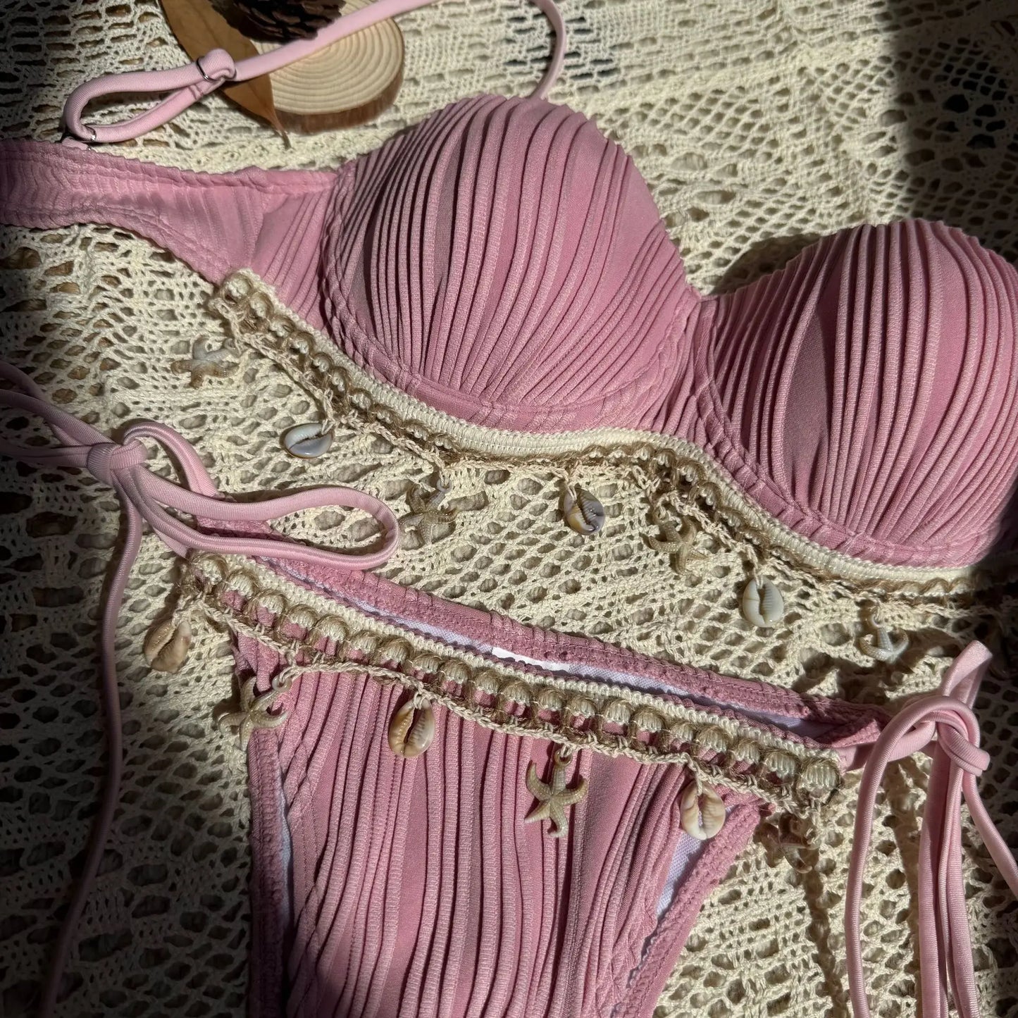 NEW 5 Colors UK Size Shell Scalloped Wrinkled Underwired Bra Cup Bikini Female Swimsuit Women Swimwear 2PCS Bikini Set Push Up Ladies Bathing Suit