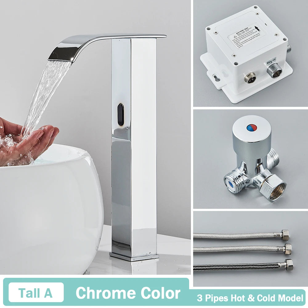 NEW Silver/Gold/ Black Color Luxury Smart Motion Sensor Bathroom Basin Faucet Touchless Automatic Sense Mixer Tap Waterfall Hot Cold Water Washbasin Crane Home Bathroom Accessories