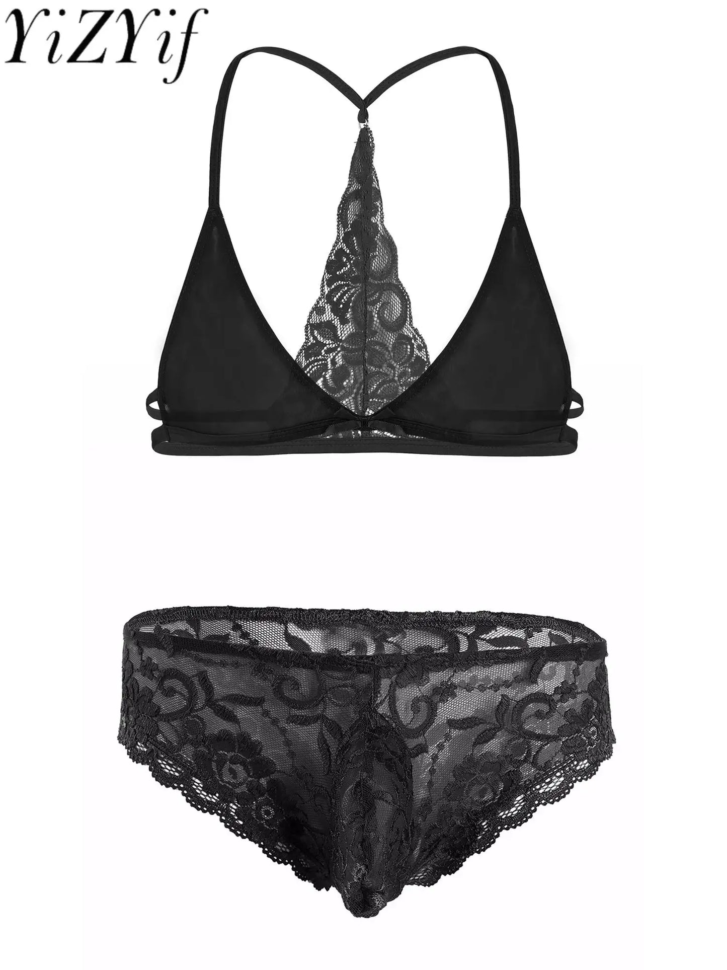 Gay Sexy Crossdressing Lingerie Set Sissy Lace Bra & Bulge Pouch Briefs Panties Underwear See Through Nightwear Sleepwear