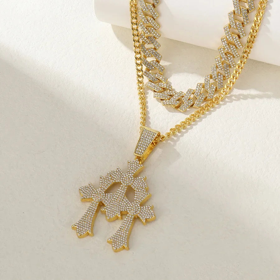 Three Crosses Classic Retro Mosaic Pendant Cuban Chain Trendy Hip Hop Pendant Necklace Women and Men Jewelry Accessories