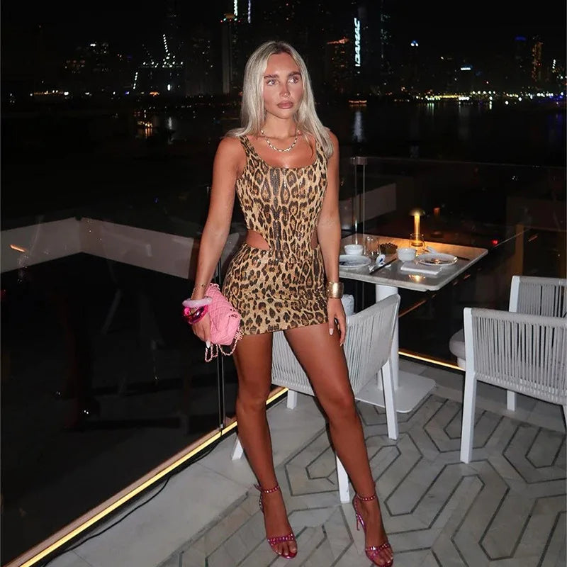 NEW Luxurious 2PCS Set Women Girls Leopard Sequins Backless Crop Top and Mini Skirt Sexy Evening Beach Party Night Clubwear Outfits  Backless Skirt Tracksuits Female Ladies Summer Sexy Fashion Clothing Supplies