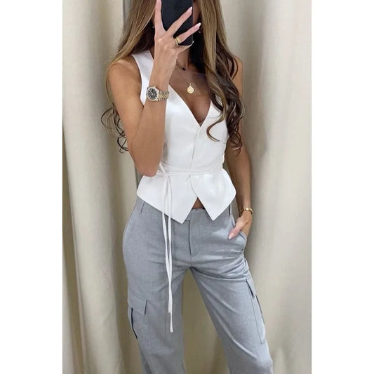 NEW Arrivals UK Size Black/Gray/White Color Elegant Chic Lace-Up V-Neck Women Vest Fashion Solid Slim Sleeveless Tops Female Spring Summer Fashion Sexy Lady Streetwear