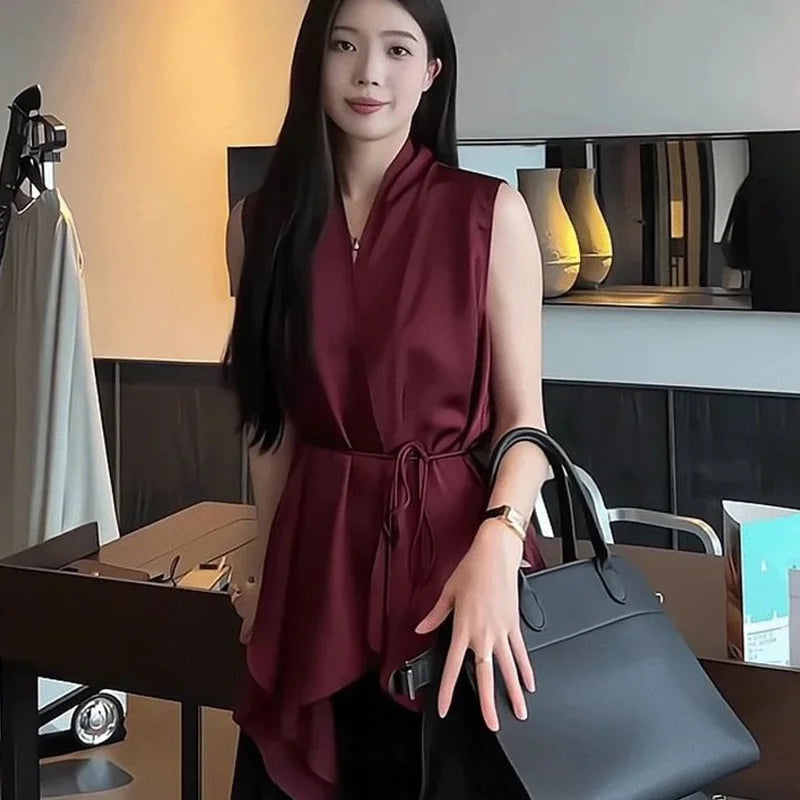 NEW S-3XL Plus Size 4 Colors Temperament Satin Sleeveless Tank Top Top Tee Summer Fashion Lacing Pleated Mid Length Top Ladies Fashionable V-Neck Blouse Tops