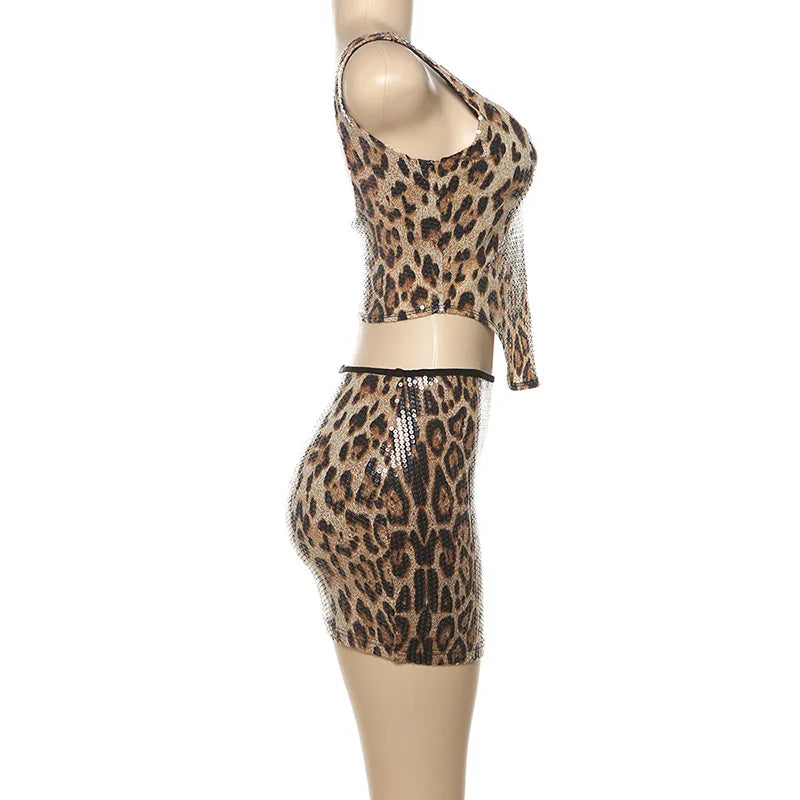 NEW Luxurious 2PCS Set Women Girls Leopard Sequins Backless Crop Top and Mini Skirt Sexy Evening Beach Party Night Clubwear Outfits  Backless Skirt Tracksuits Female Ladies Summer Sexy Fashion Clothing Supplies