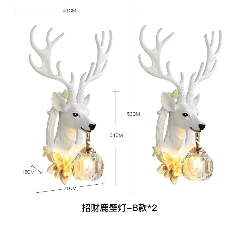 American Retro Lucky Deer Head Warm and White Lighting Wall Lamps Living Room Bedroom Restaurant Hotel Atmosphere Decorate Crystal Antlers Wall Sconces