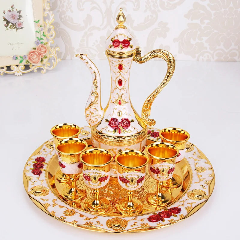 New Arrival 8 Colors Elegant Golden White Wine Set Court Wine Jug Cups Plate Set Home Bar Exquisite Decor