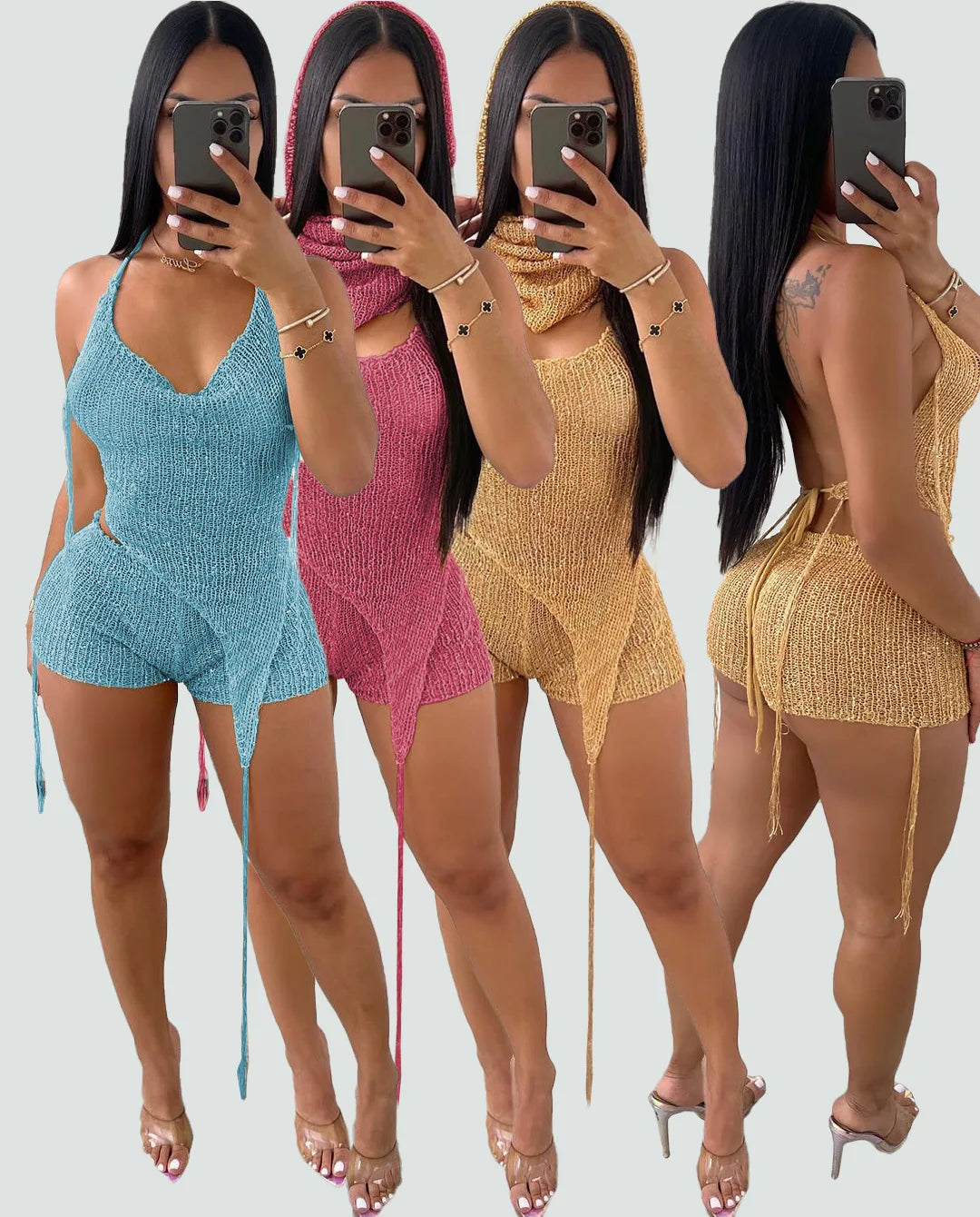NEW Arrivals 3PCS Set 4 Colors Sexy Sequins Knit Evening Beach Party Women Sexy Backless Halter Irregular Top +Head Scarf+ Shorts Matching Night Club Outfits