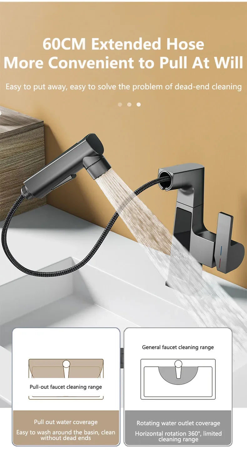 NEW Digital Display Pulling Faucet with Washing Gun Intelligent Temperature Sensor Brass Washbasin Taps Rotating Lifting Cold and Hot Water Mixer Tap Home Bathroom Kitchen Accessories