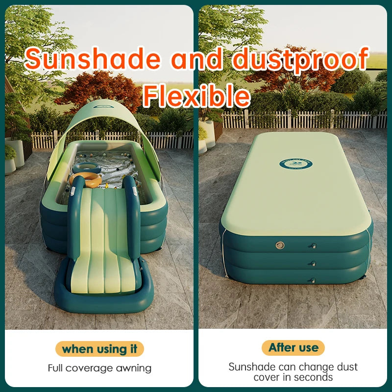 Home Villa Outdoor Large Size 3M Foldable Inflatable Water Pool with Sun Canopy and Slide, Children's Family Swimming Pool for Outdoor Party & Baby Water Fun Summer Water Sport Games