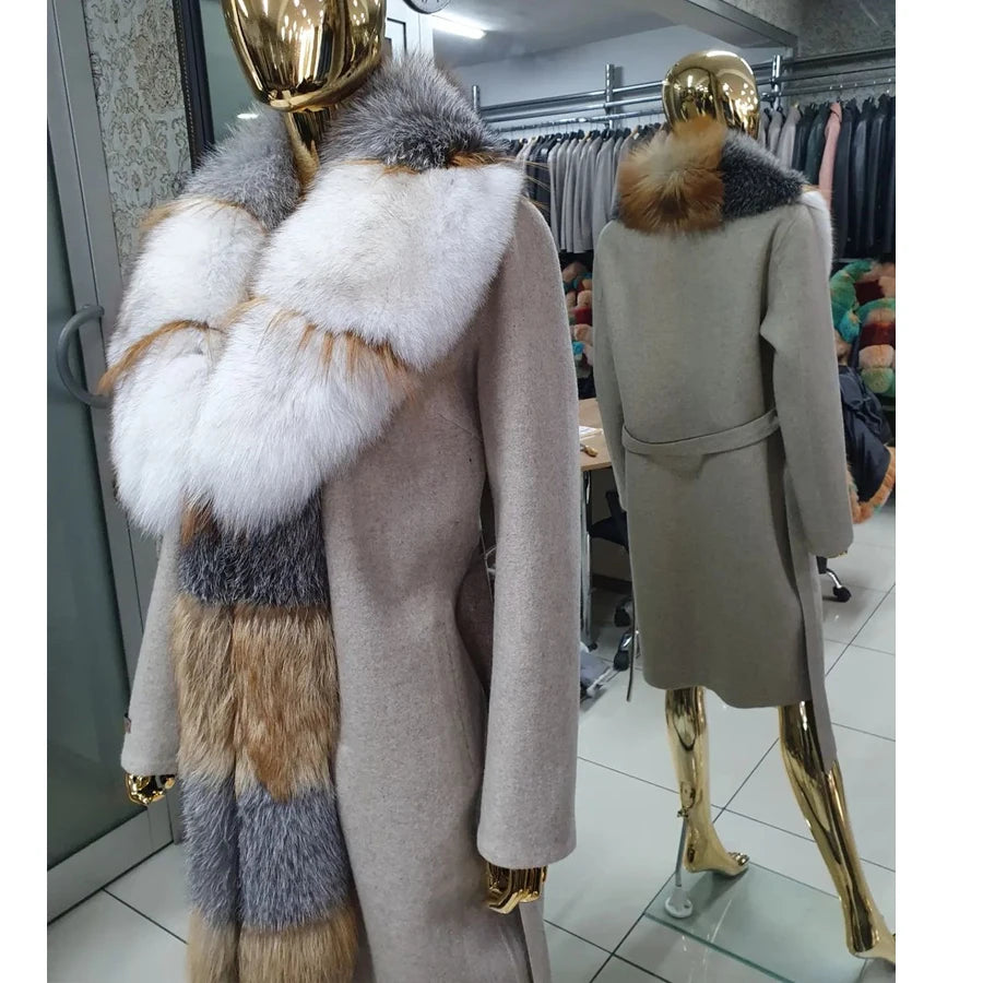 NEW HOT SALE Real Fur Coat Women Cashmere Wool Coat With Fox Fur Long Collar Winter Snow Outerwear Business Dinner Evening Wedding Party Jacket Real Silver Fox Fur Coat Female Ladies Winter Luxury Fashion Clothing Products