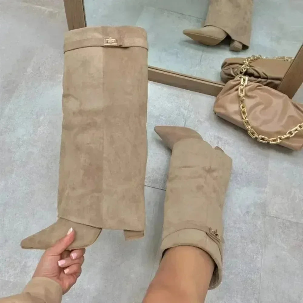 NEW Arrivals UK Big Size 6 Colors Autumn and Winter New Pointed Metal Buckle Knee High Women's Boots, Thick High-Heeled Pants Boots, Fashionable Mid Leg Boots