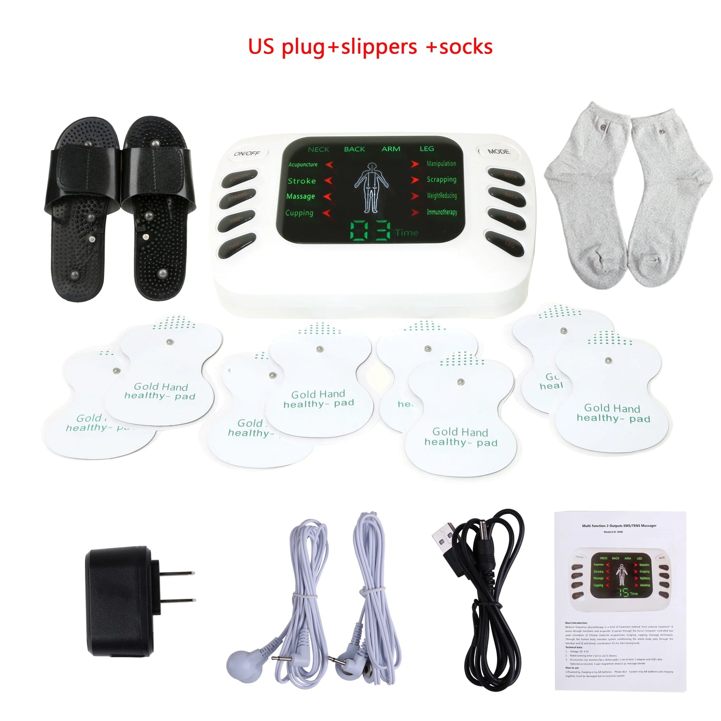 Full Set Electrical Muscle Stimulator + Slippers + Socks English Button Therapy Massage TENS Electronic Massager  Physiotherapy TENS Machine Health Care Supplies