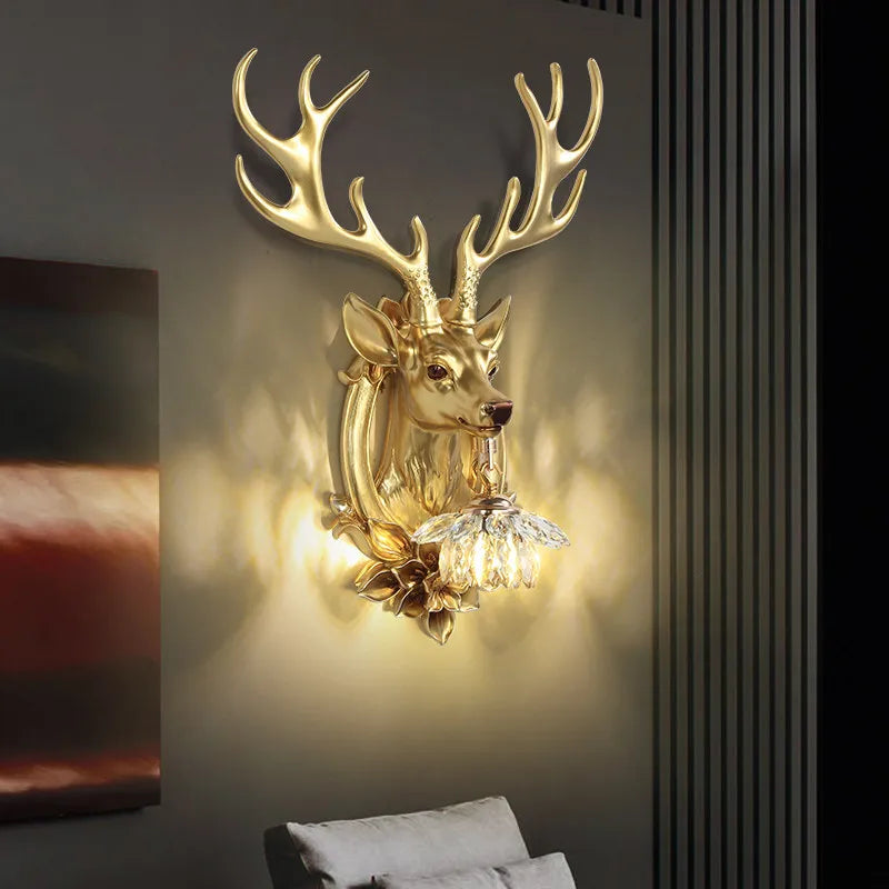 American Retro Lucky Deer Head Warm and White Lighting Wall Lamps Living Room Bedroom Restaurant Hotel Atmosphere Decorate Crystal Antlers Wall Sconces